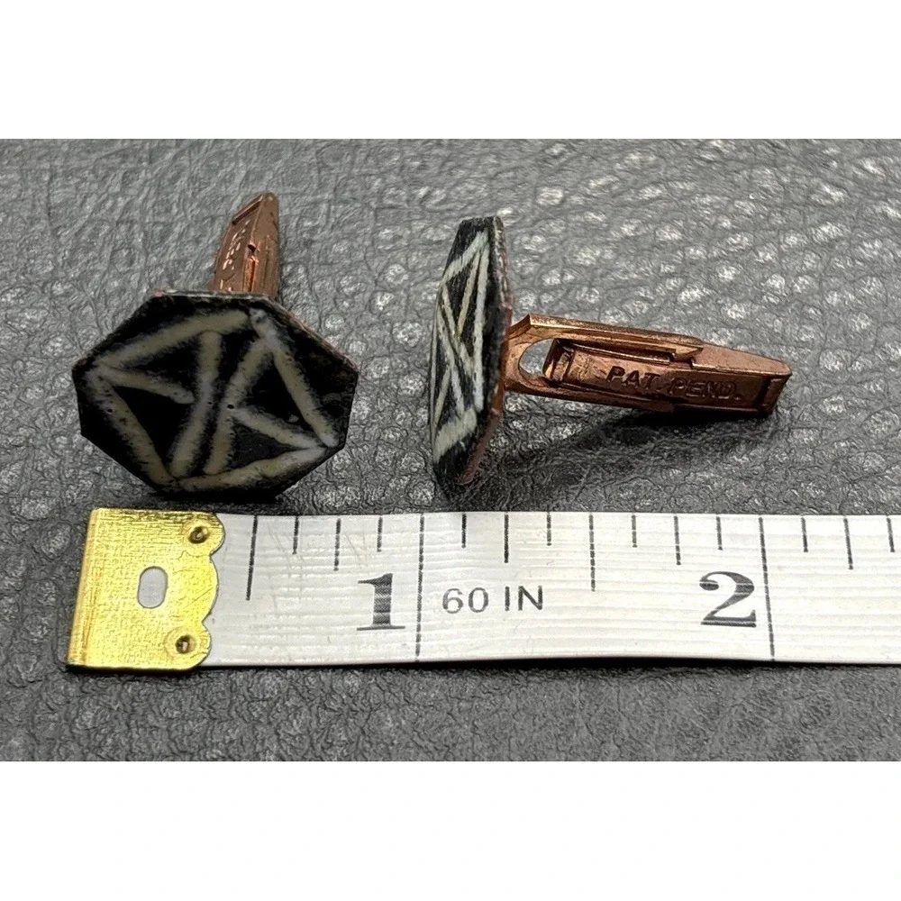 Vintage Modernist Copper and Black White Enamel Octagon Geometric Cufflinks